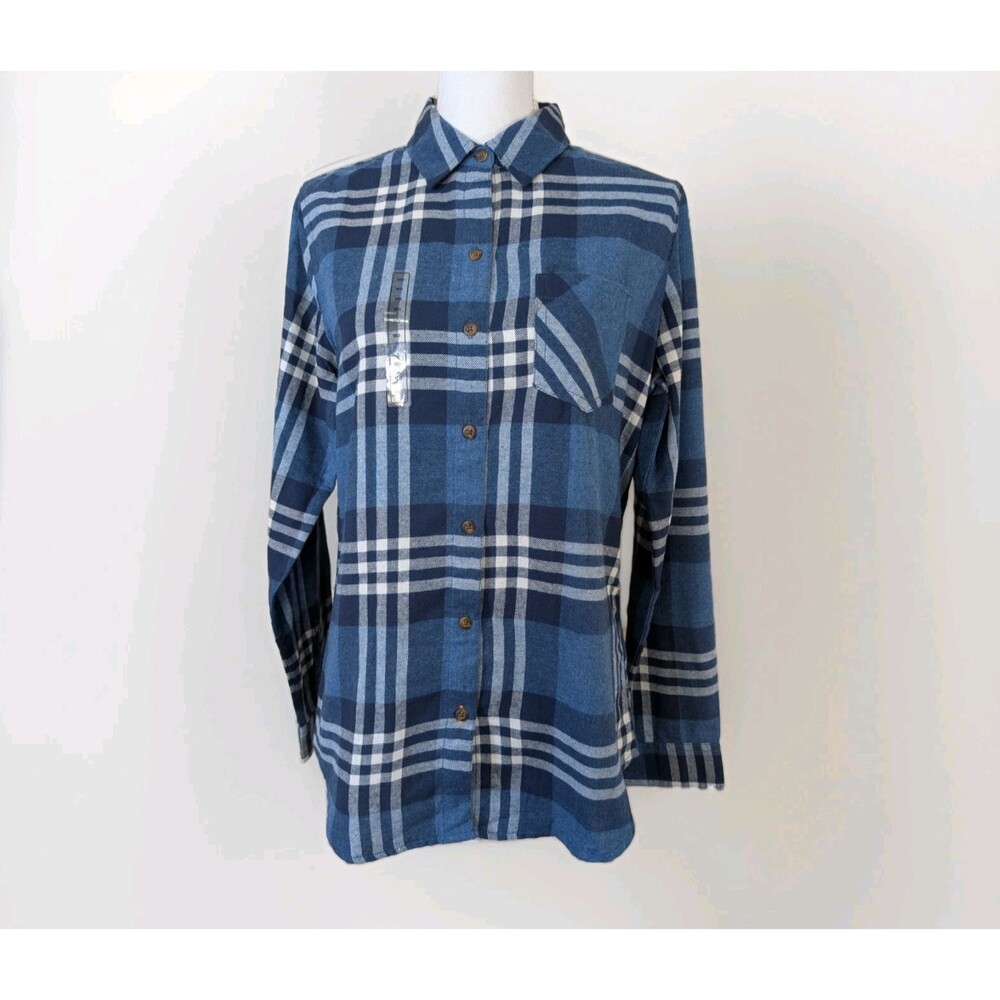 Field & Stream Flannel Shirt Womens M Blue Plaid Long Sleeve Pocket Button Up